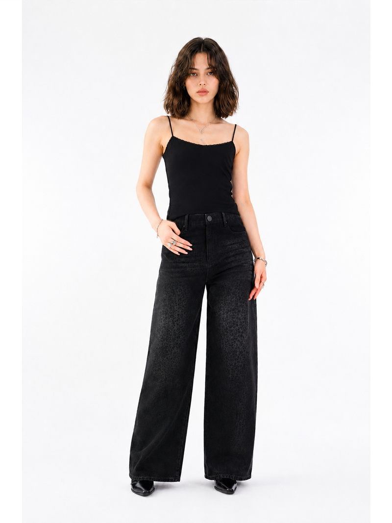 Rowan Black Leopard Barrel Leg Jean