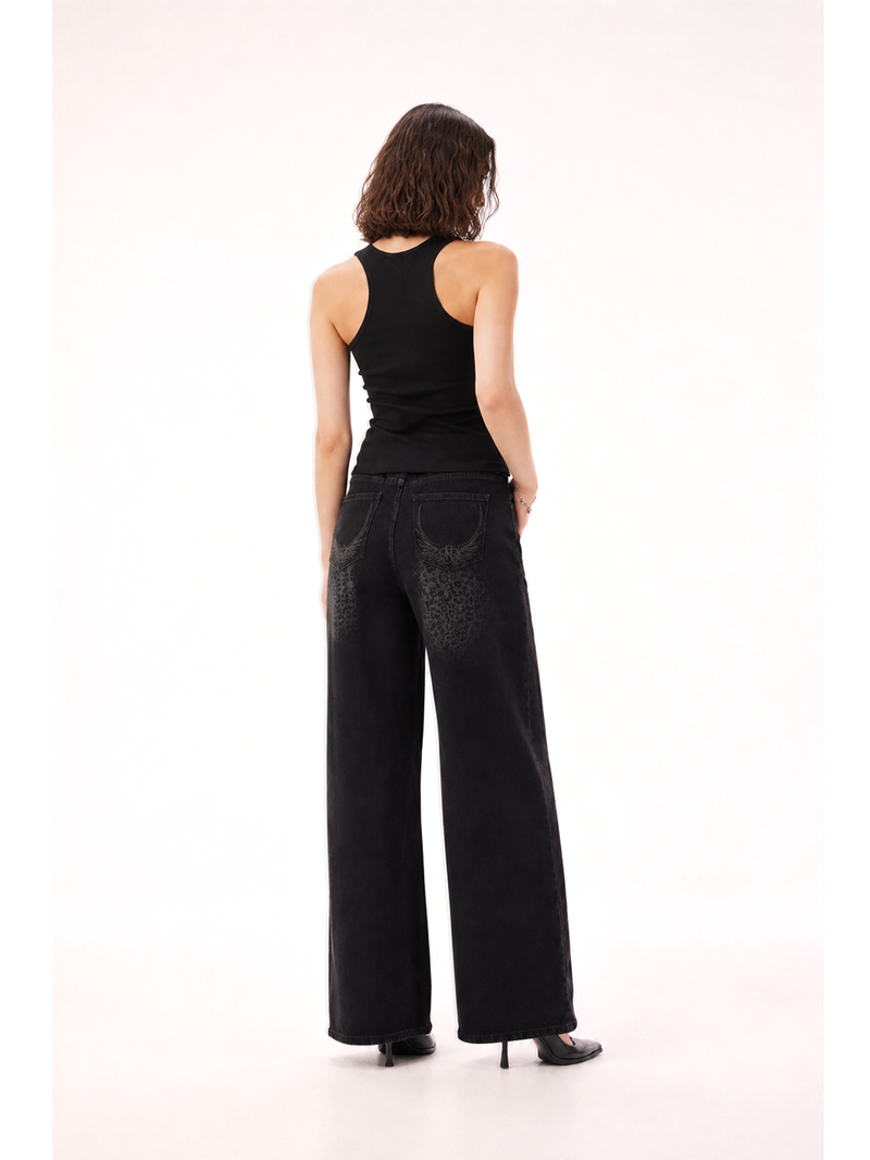 Rowan Black Leopard Barrel Leg Jean