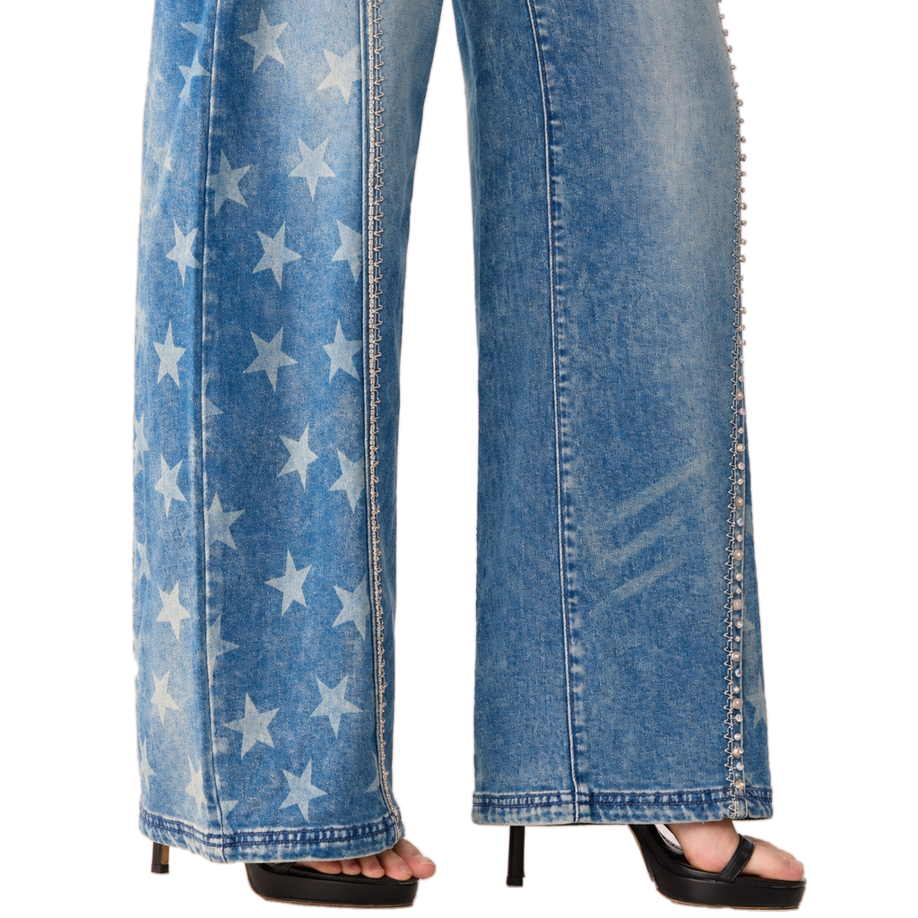 Kendall High Rise Star Embellished Wide Leg Jean