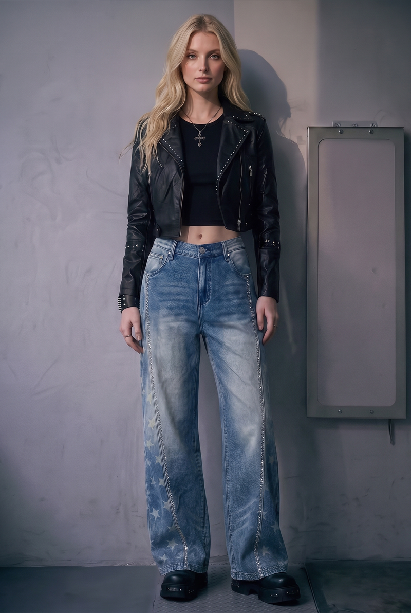 Kendall High Rise Star Embellished Wide Leg Jean