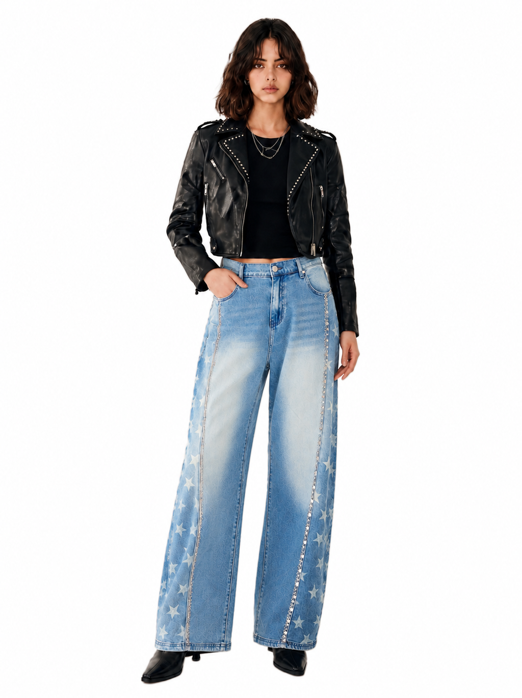 Kendall High Rise Star Embellished Wide Leg Jean