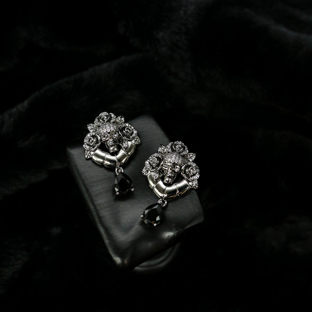 Skull Rose Black Teardrop Drop Earrings