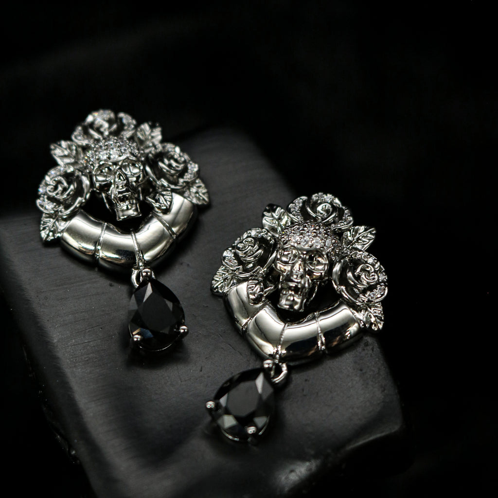 Skull Rose Black Teardrop Drop Earrings