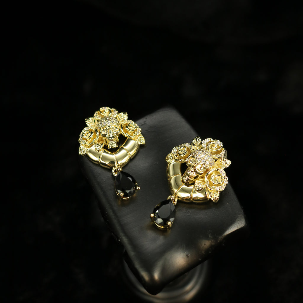 Skull Rose Black Teardrop Drop Earrings