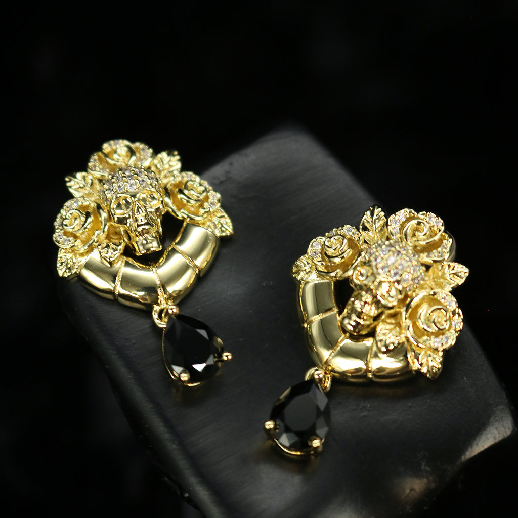 Skull Rose Black Teardrop Drop Earrings