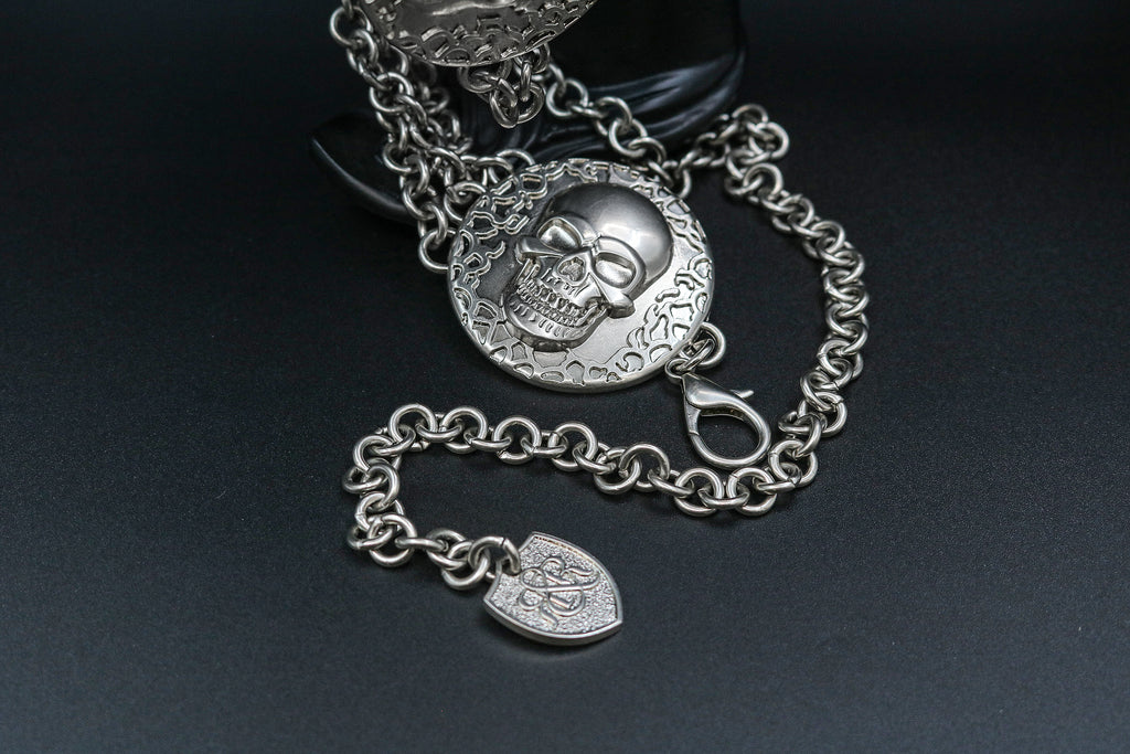 Chain-Embellished Skull Medallion Belt