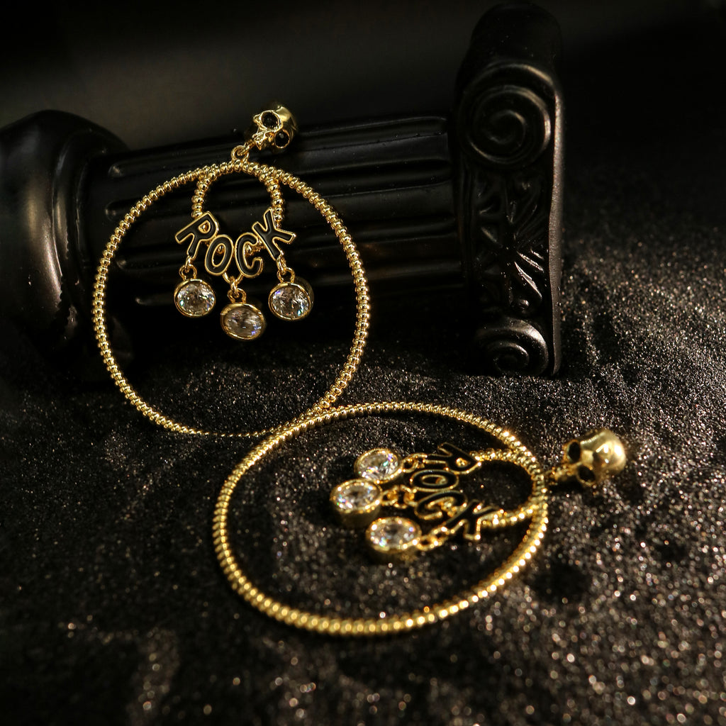 Zircon-Embellished ROCK Hoop Drop Earrings