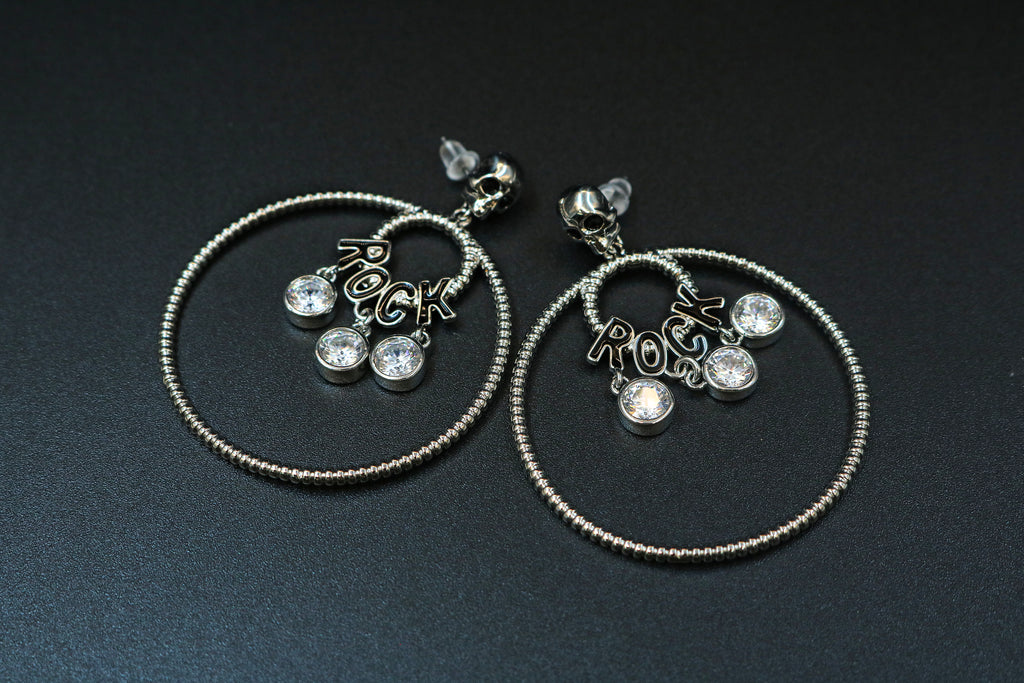 Zircon-Embellished ROCK Hoop Drop Earrings