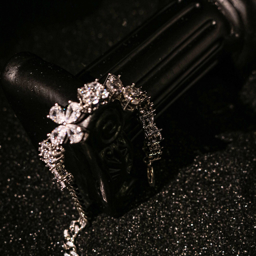 Cubic Zirconia Floral Charm Link Wristband