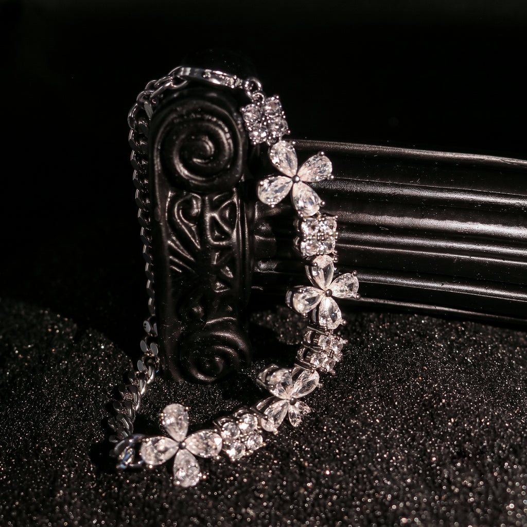 Cubic Zirconia Floral Charm Link Wristband