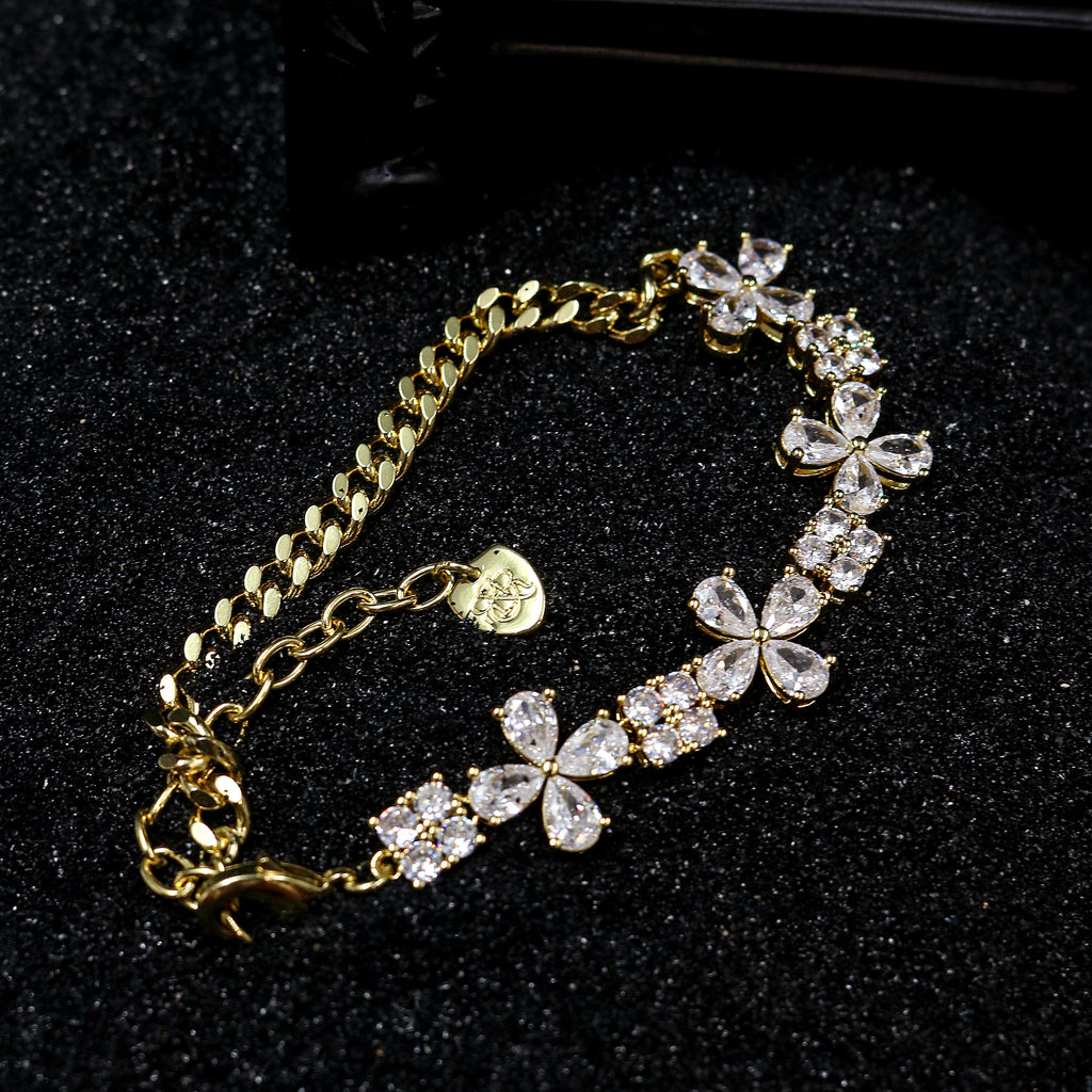 Cubic Zirconia Floral Charm Link Wristband