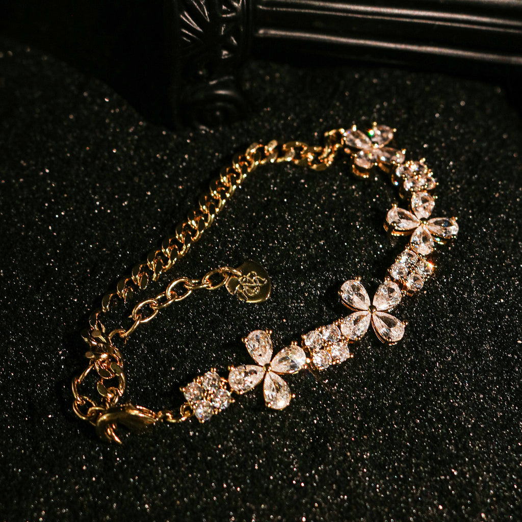 Cubic Zirconia Floral Charm Link Wristband