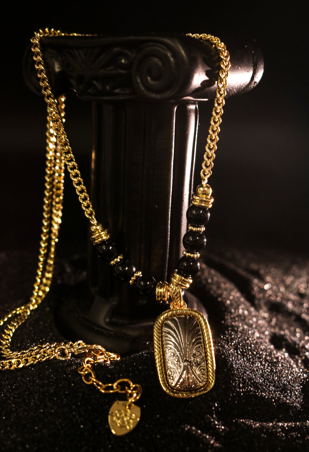 Obsidian Bead Relic Pendant Necklace