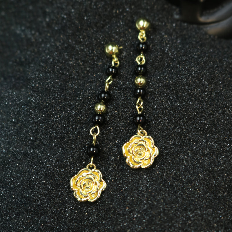 Black Bead Rose Drop Earrings