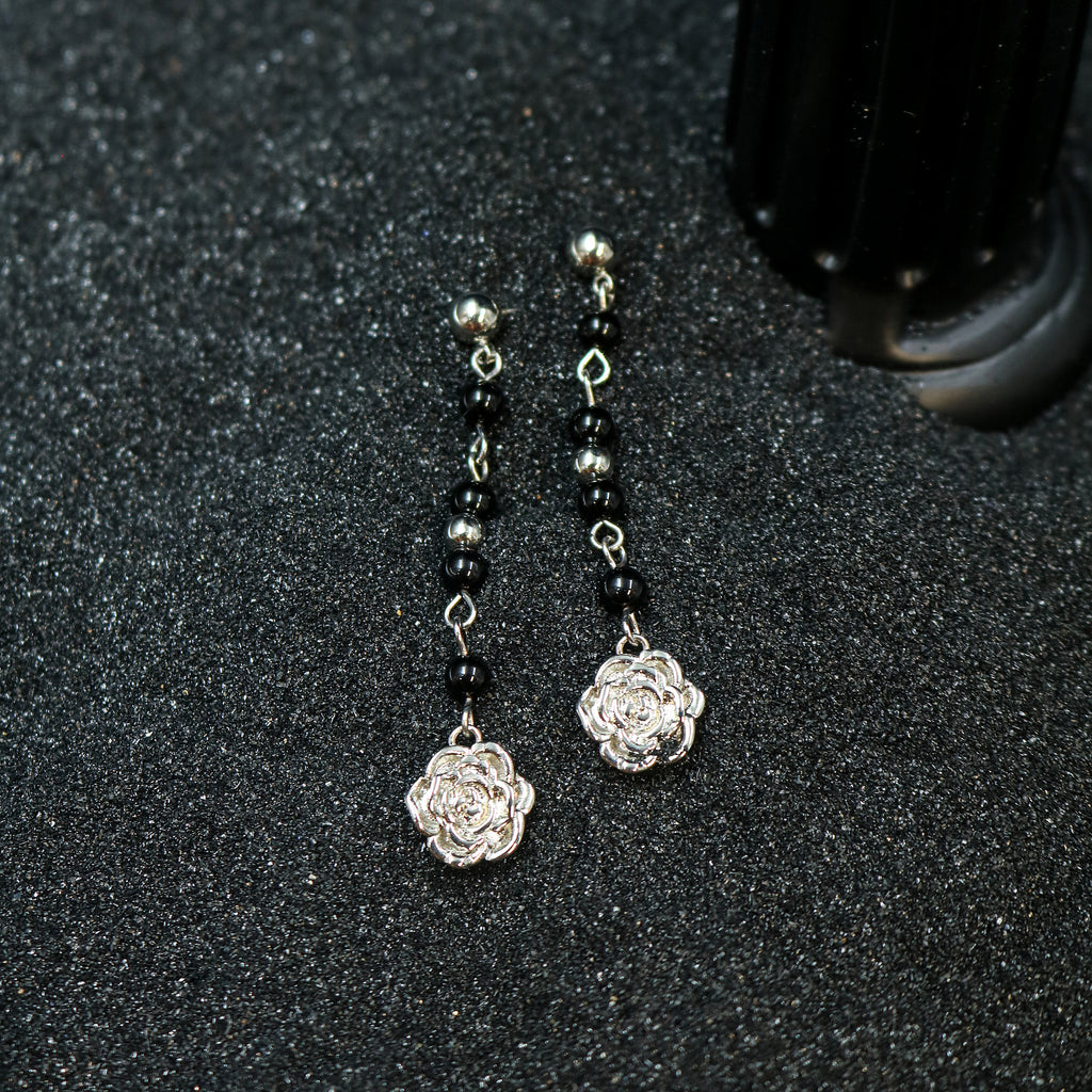 Black Bead Rose Drop Earrings