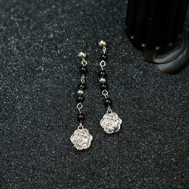 Black Bead Rose Drop Earrings
