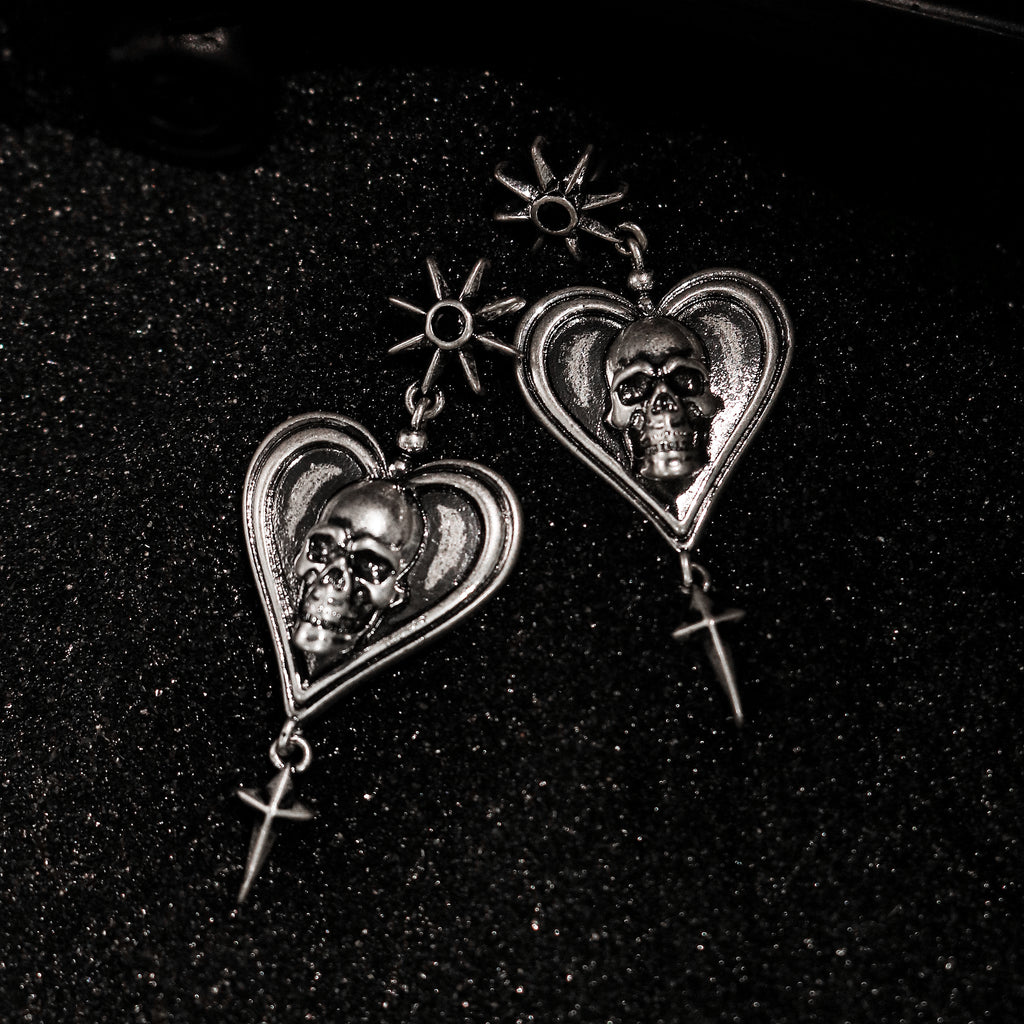 Metallic Skull Heart Drop Earring