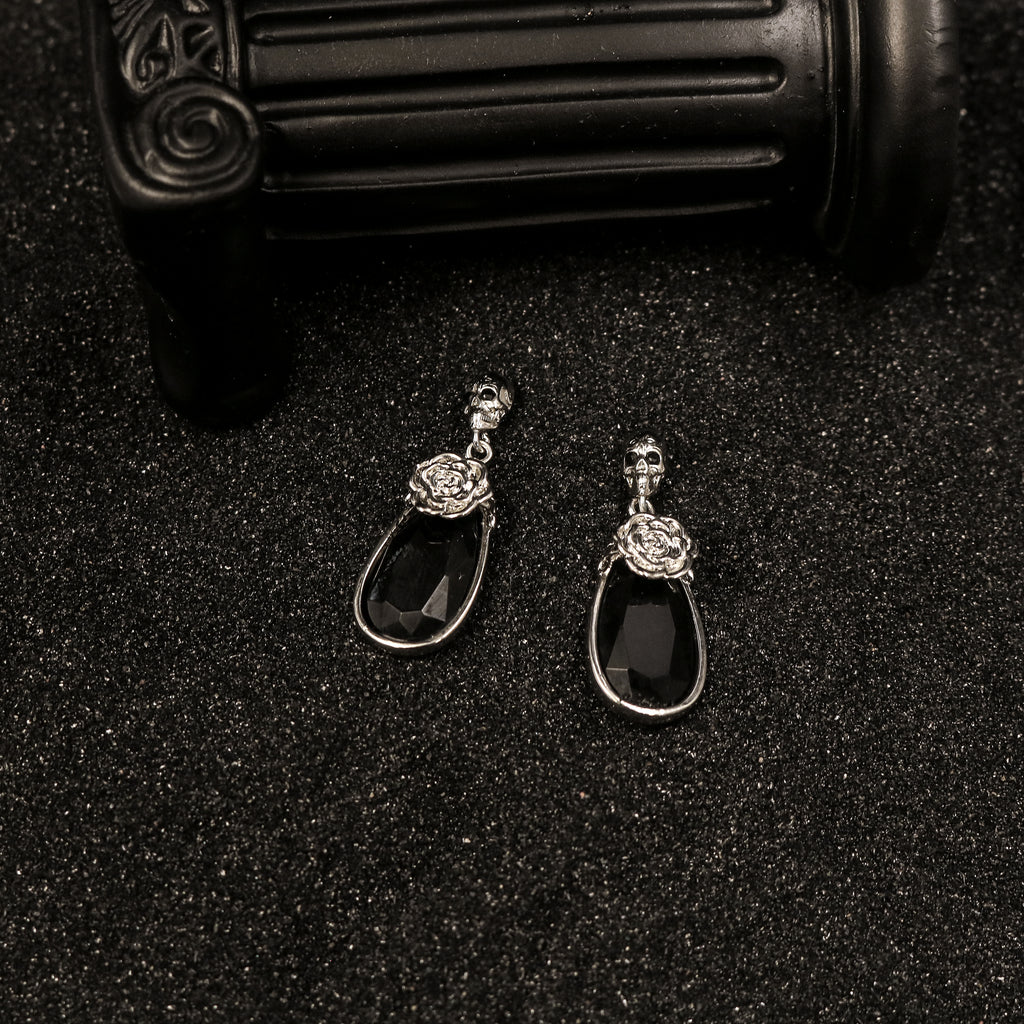 Black Obsidian Skull Rose Drop Earrings