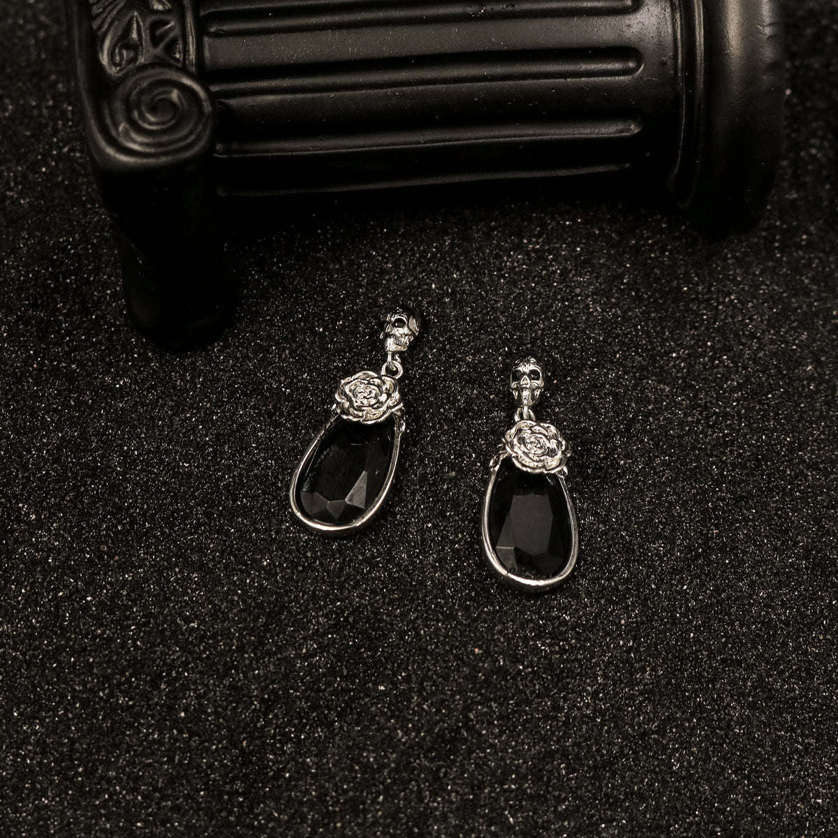 Black Obsidian Skull Rose Drop Earrings