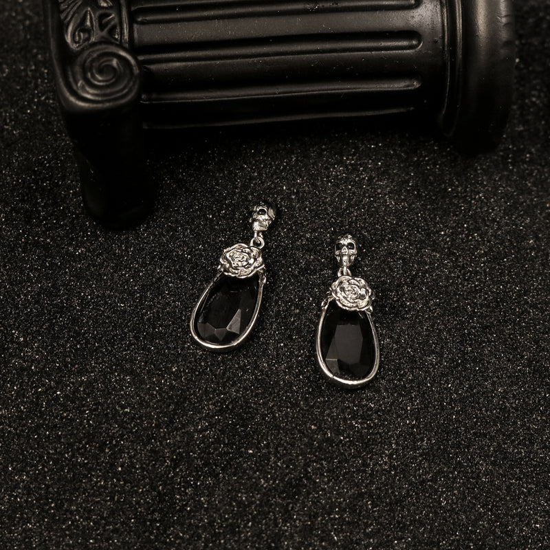 Black Obsidian Skull Rose Drop Earrings