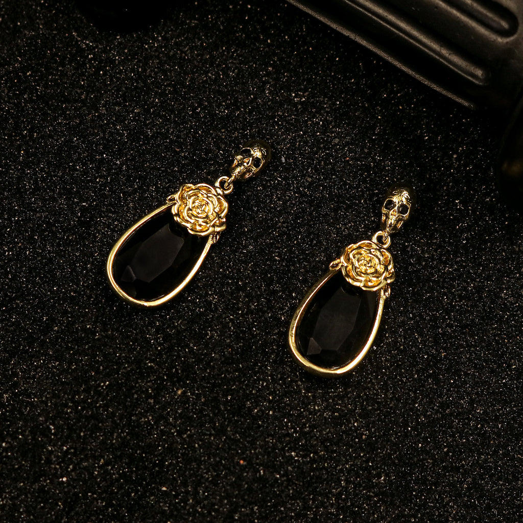 Black Obsidian Skull Rose Drop Earrings