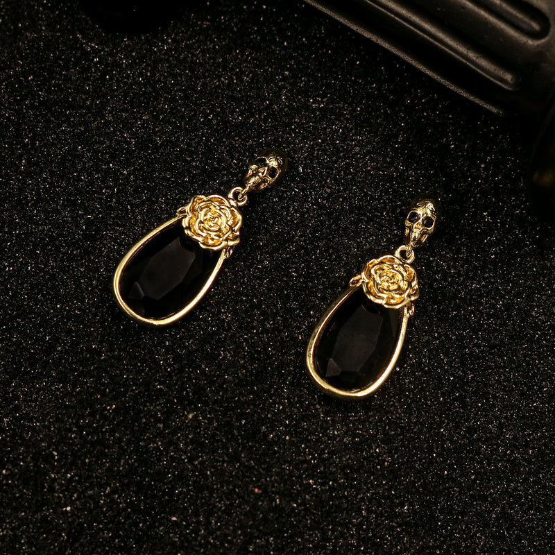 Black Obsidian Skull Rose Drop Earrings