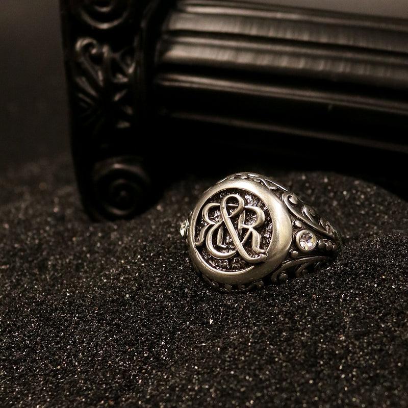Cubic Zirconia-Embellished RR Monogram Signet Ring