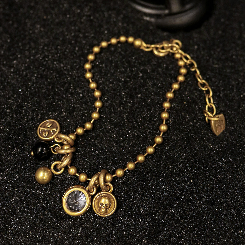 Skull Cubic Zirconia Charm Beaded Wristband