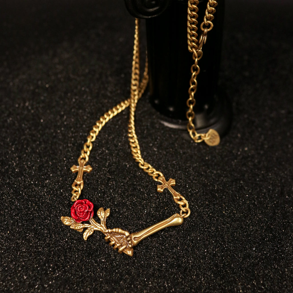 Rosebone Cross Hand Chain Necklace