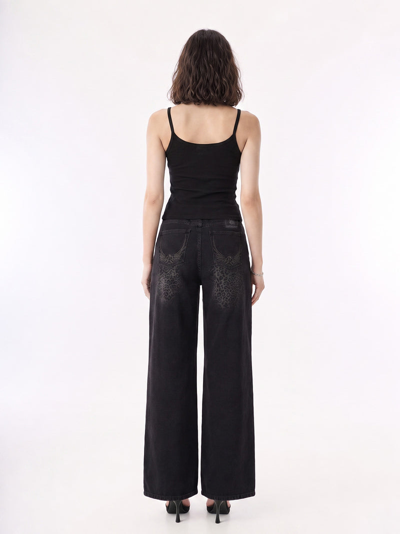 Rowan Black Leopard Barrel Leg Jean