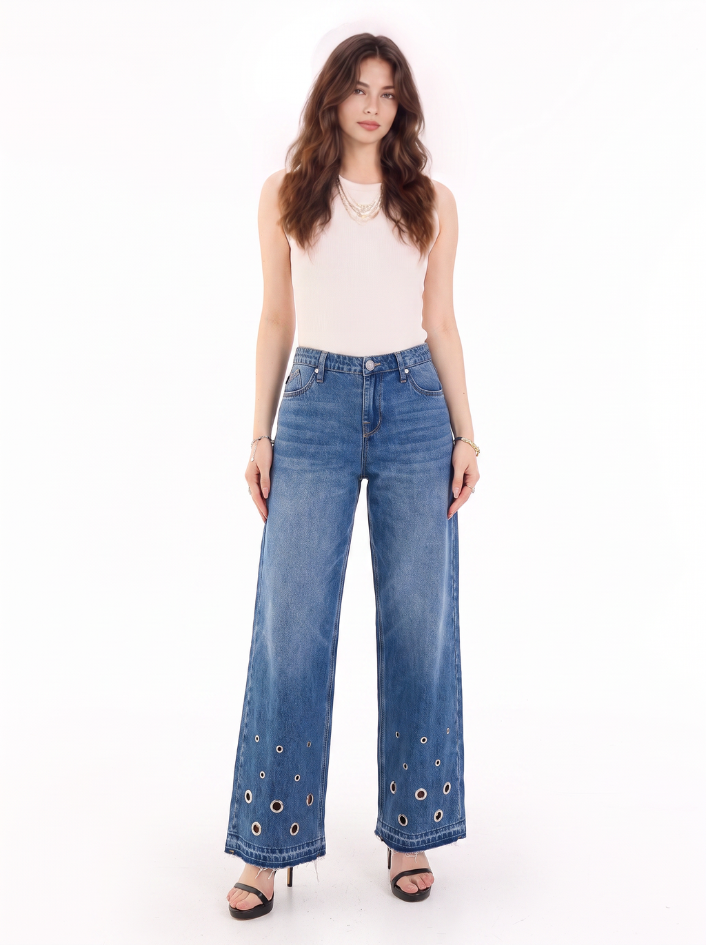 Kendall Low Rise Eyelet Hem Wide Leg Jean