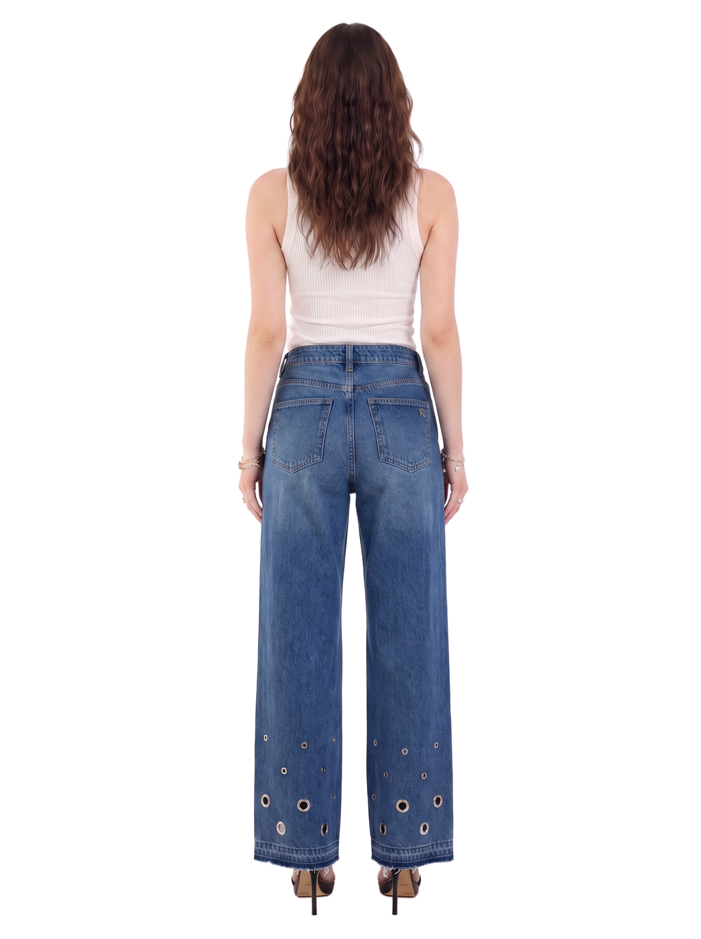 Kendall Low Rise Eyelet Hem Wide Leg Jean