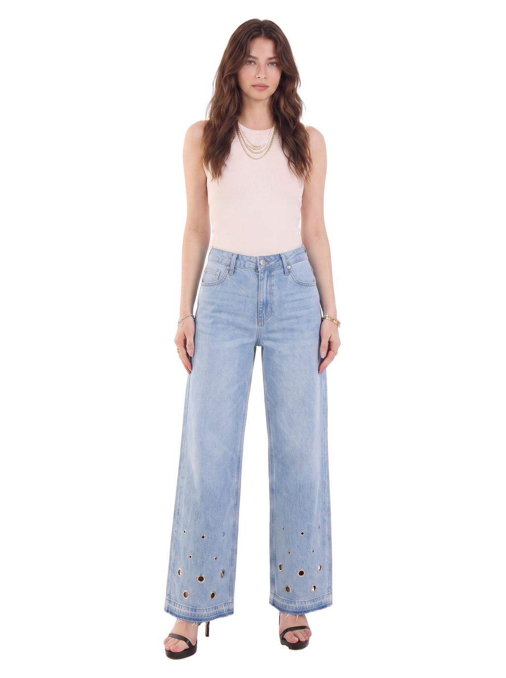 Kendall Low Rise Eyelet Hem Wide Leg Jean