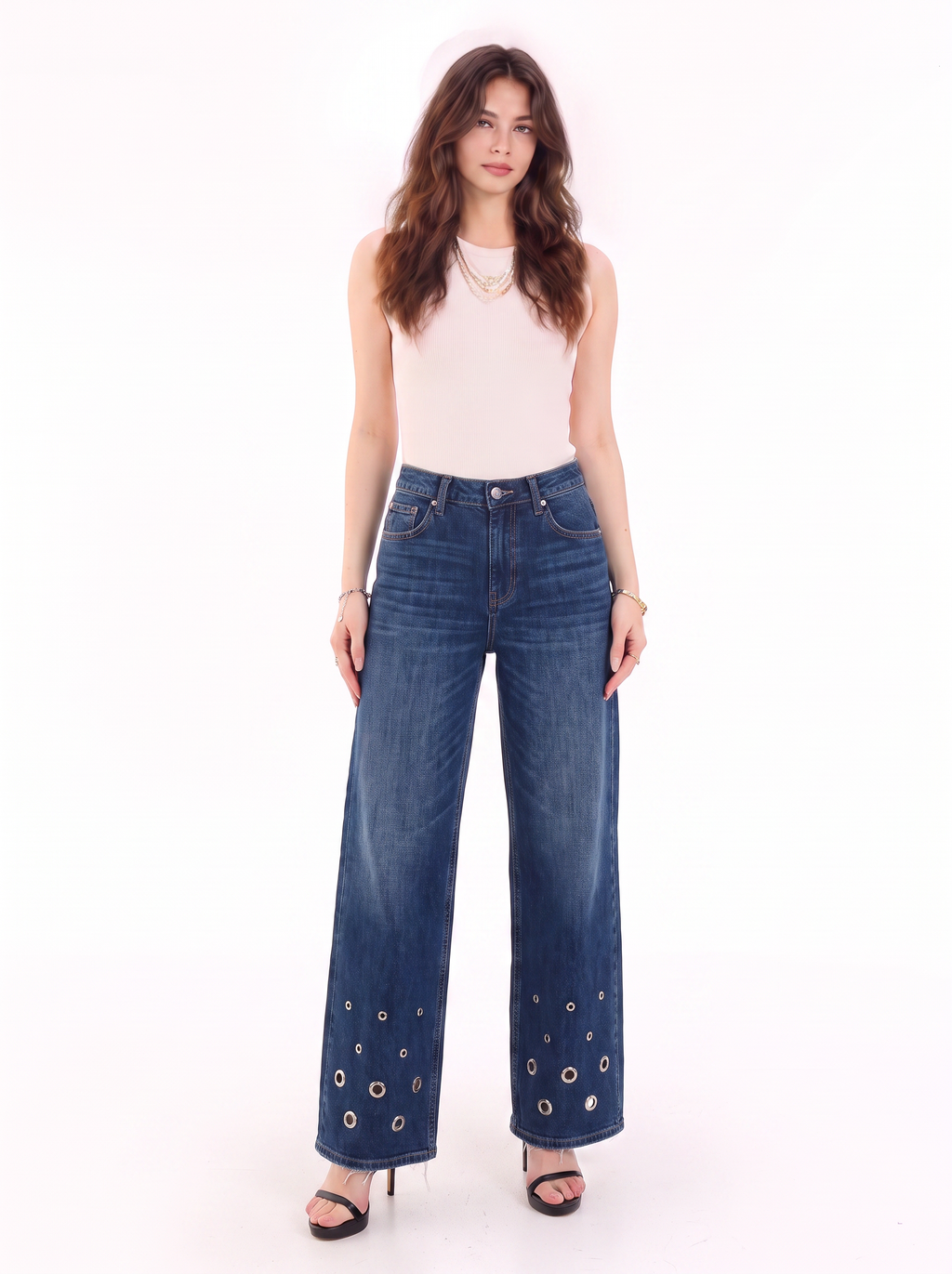 Kendall Low Rise Eyelet Hem Wide Leg Jean