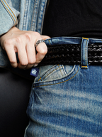 Detailed waist view of Rock & Republic Kasandra jeans in VIP Status highlighting coin pocket with signature blue RR logo tab.