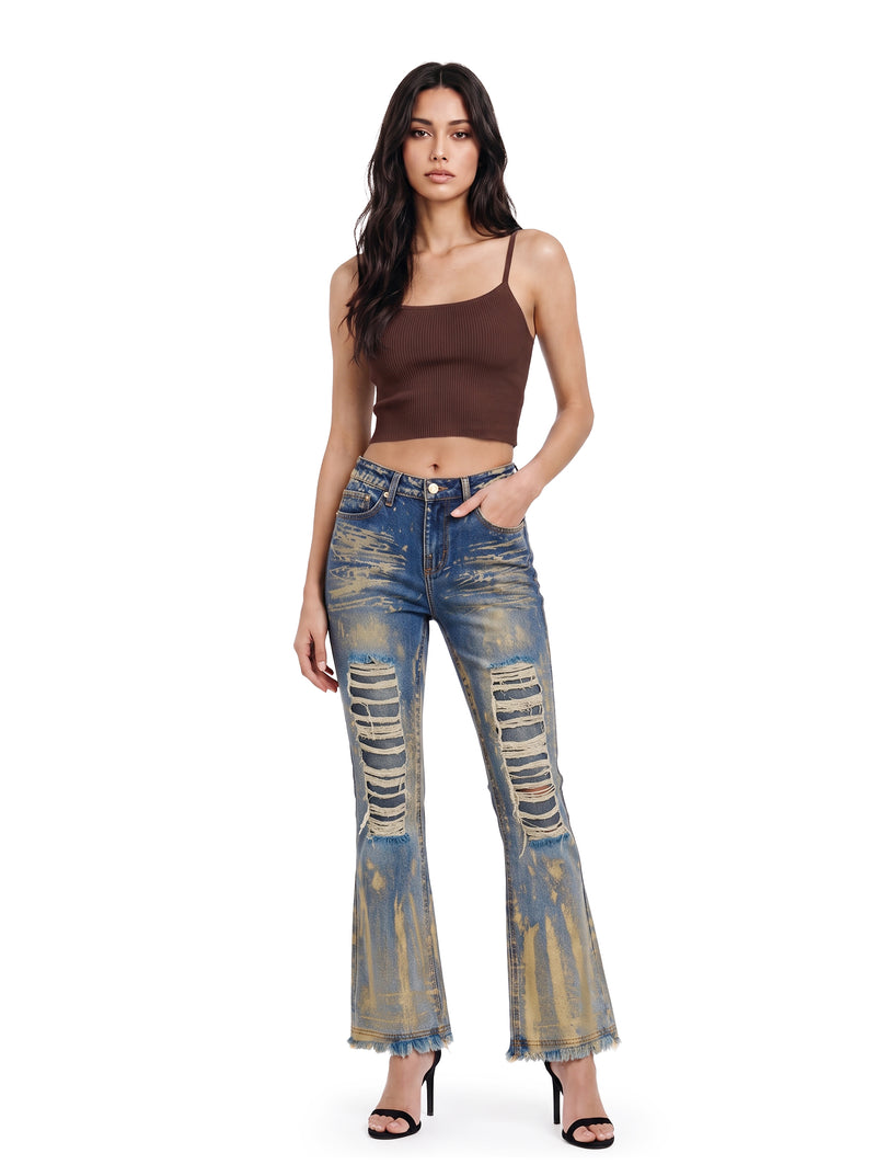 Kasandra Mid Rise Distressed Acid Wash Bootcut Jean