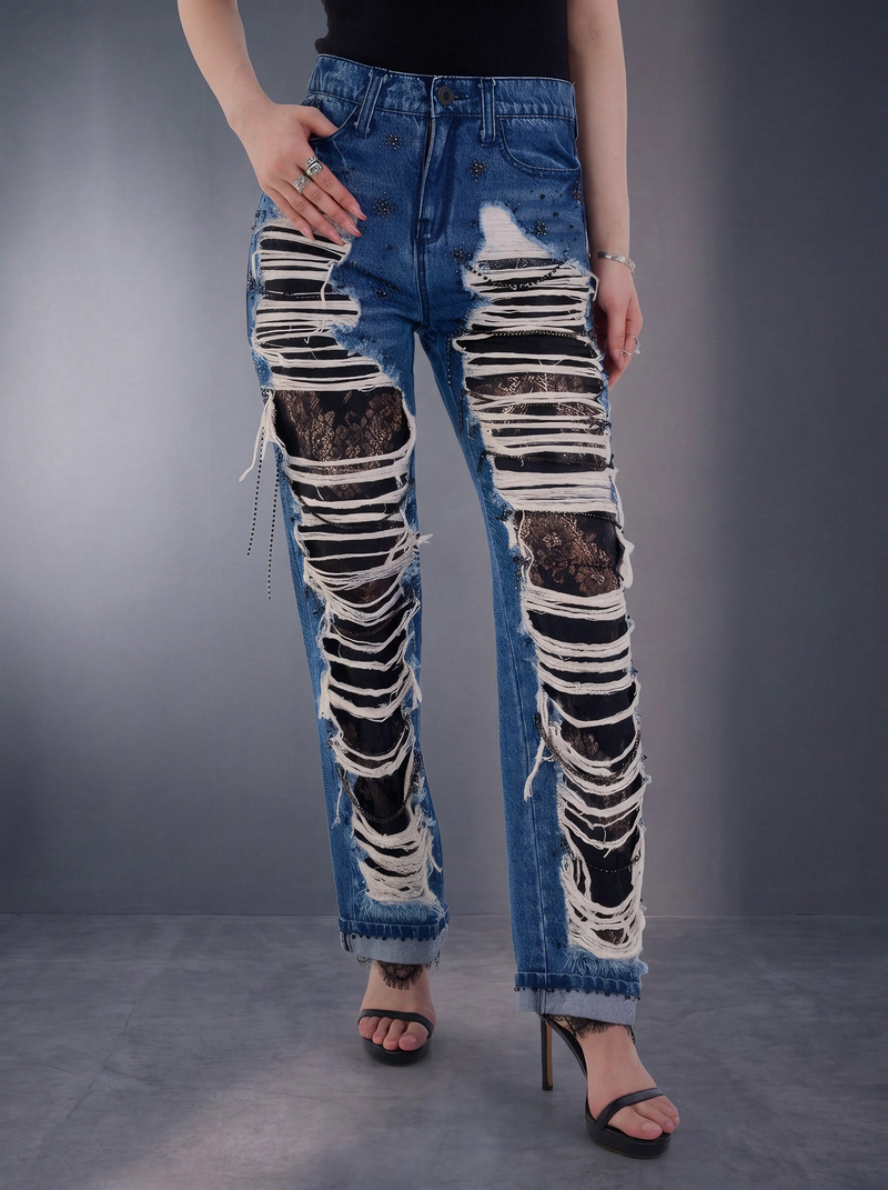 Kaia Ladder Distressed Straight Jean