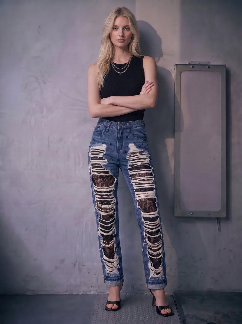 Kaia Ladder Distressed Straight Jean