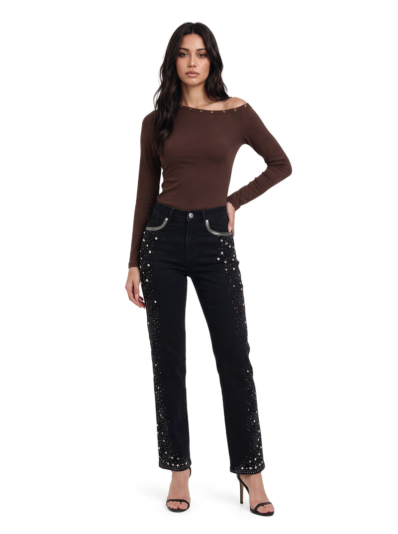 Kaia Mid Rise Crystal Spray Straight Jean