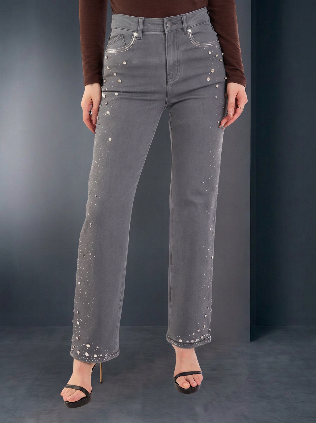 Kaia Mid Rise Crystal Spray Straight Jean