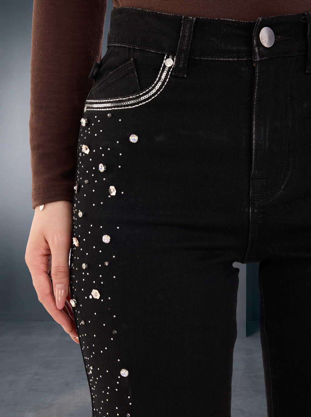 Kaia Mid Rise Crystal Spray Straight Jean