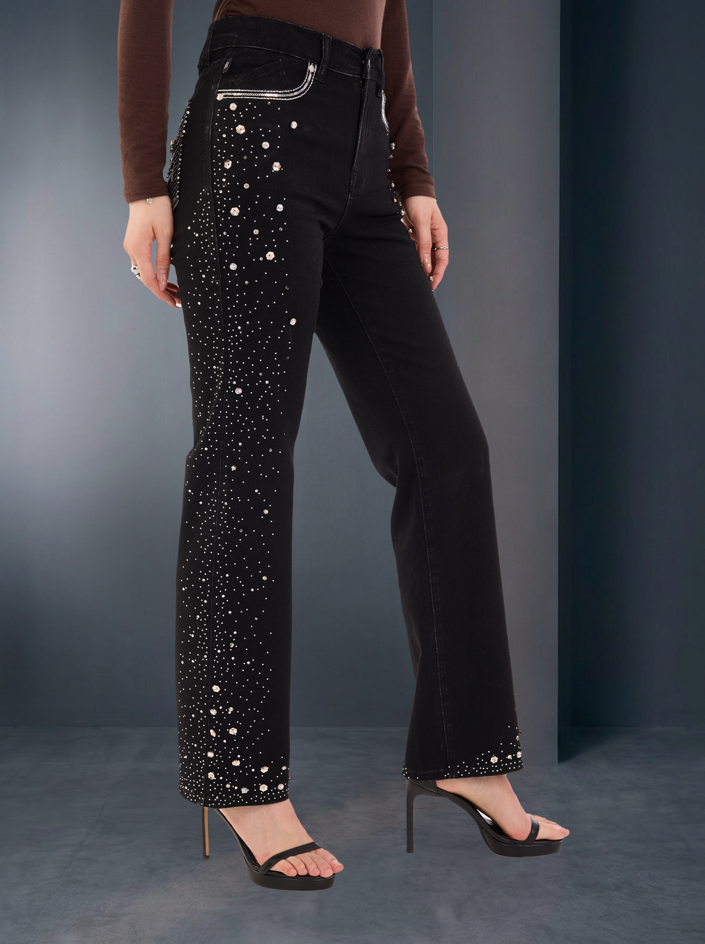 Kaia Mid Rise Crystal Spray Straight Jean