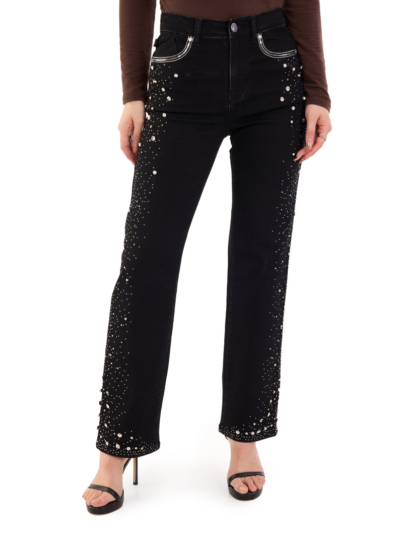 Kaia Mid Rise Crystal Spray Straight Jean