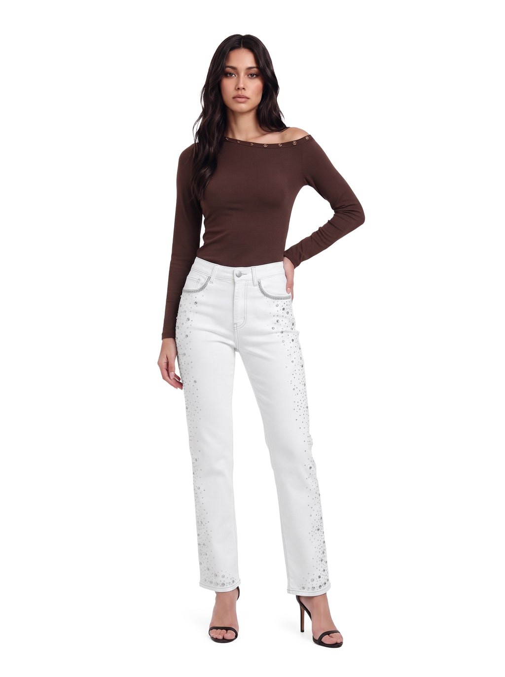 Kaia Mid Rise Crystal Spray Straight Jean