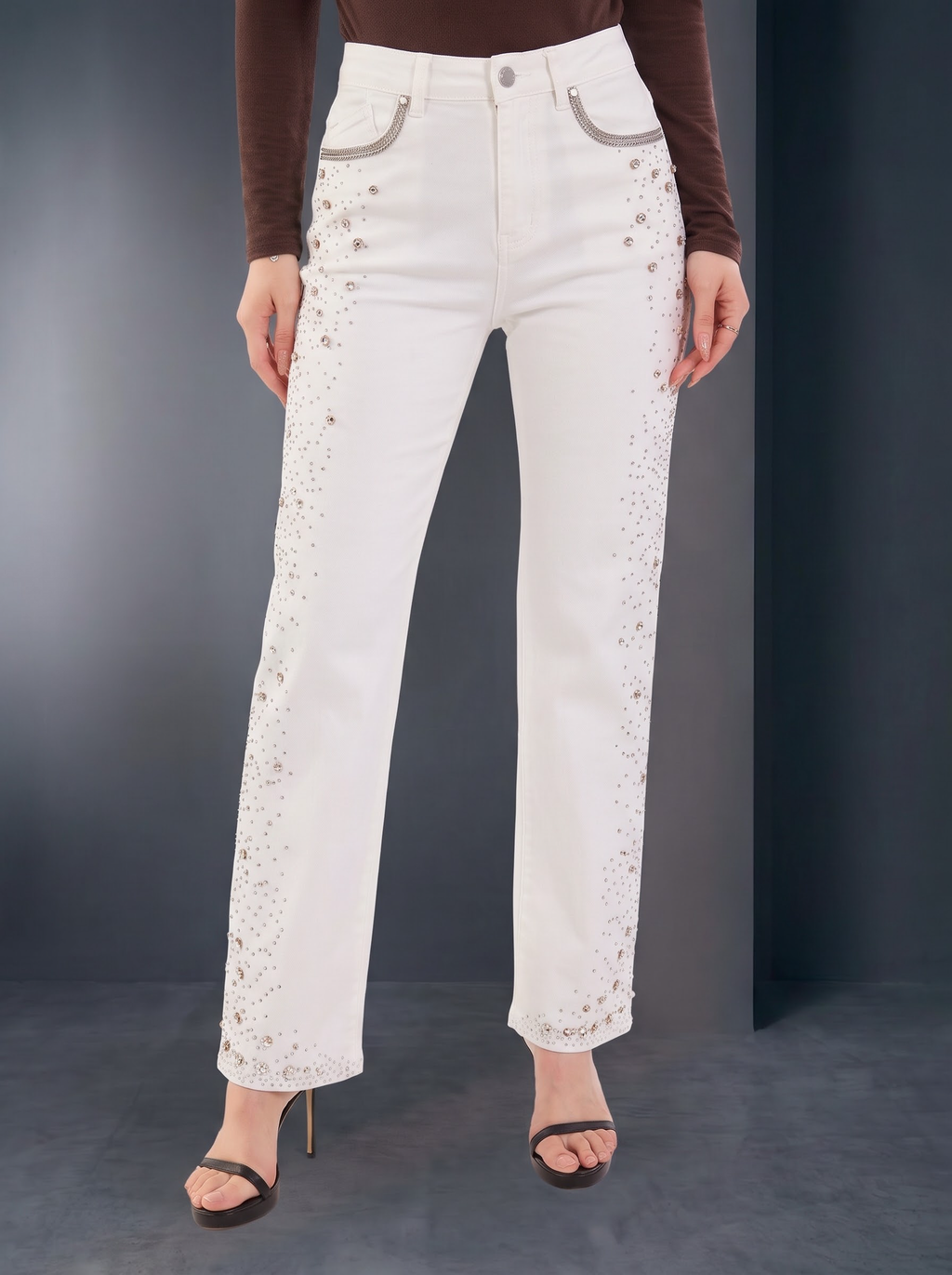 Kaia Mid Rise Crystal Spray Straight Jean