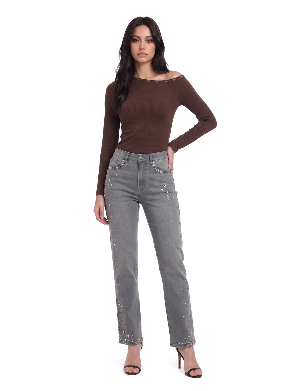 Kaia Mid Rise Crystal Spray Straight Jean