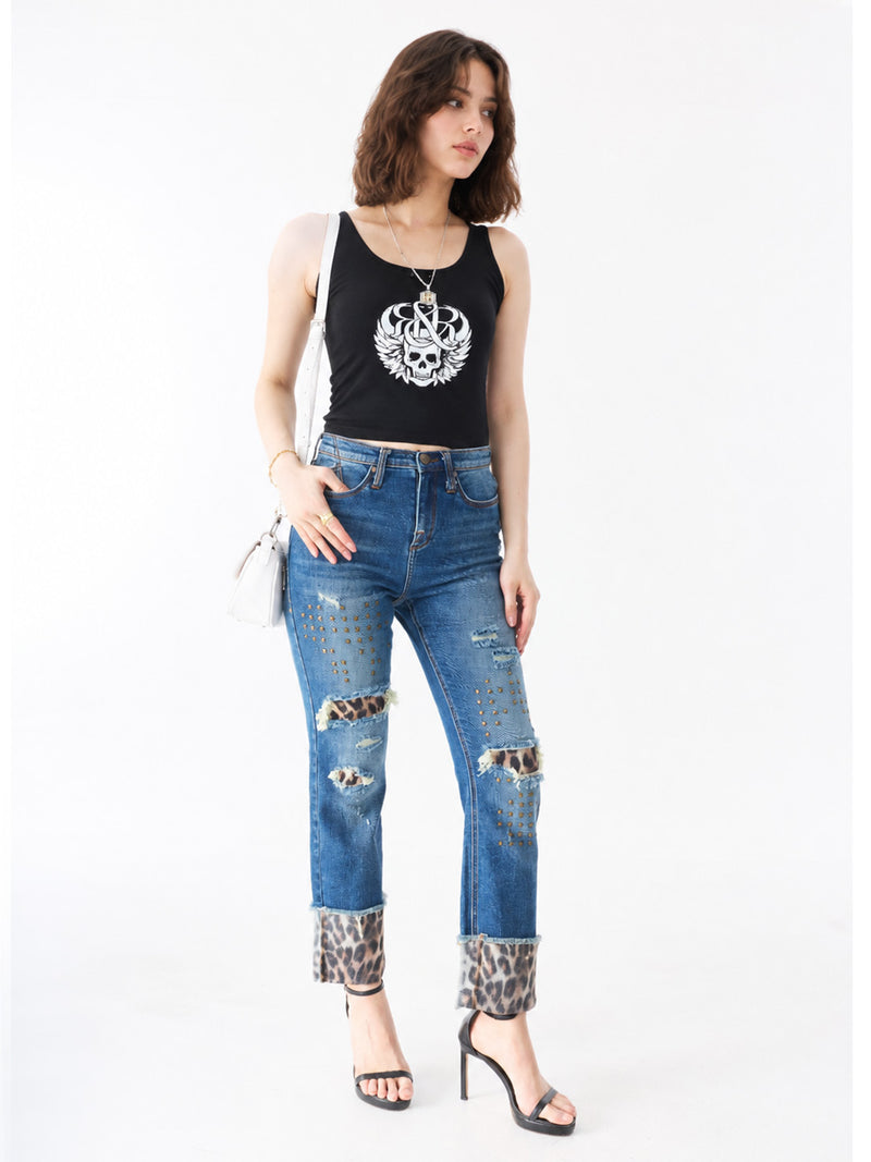 Kaia Leopard Cuff Straight Jean