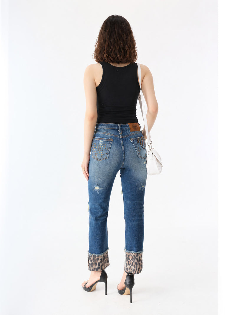 Kaia Leopard Cuff Straight Jean