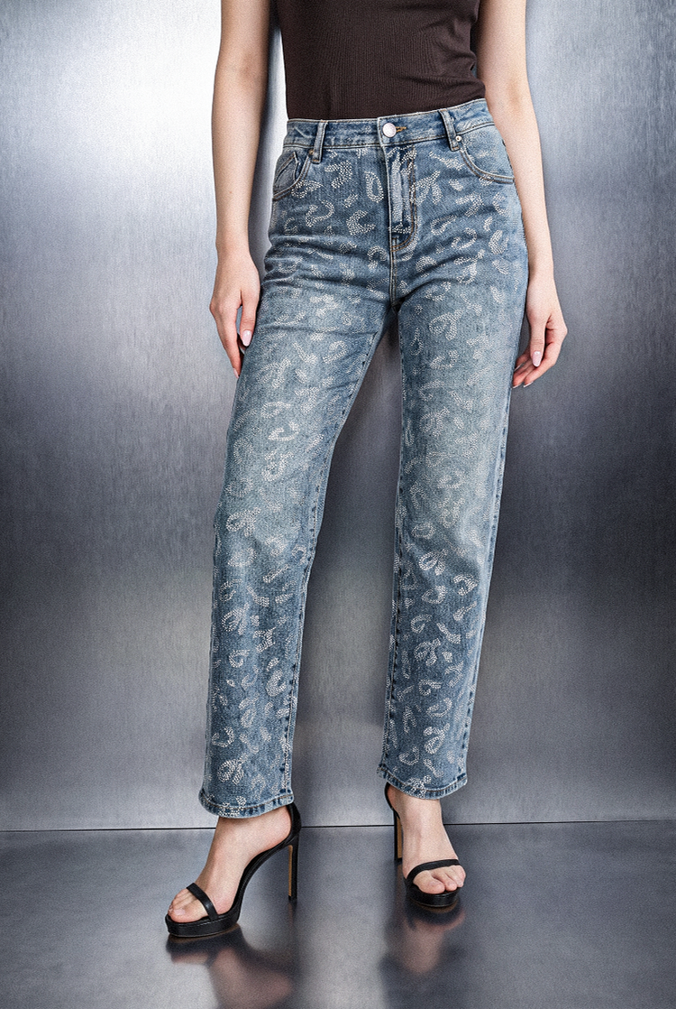 Front full view of Rock & Republic Kaia straight leg jeans in Medium Blue showcasing silver rhinestone leopard embellishments.