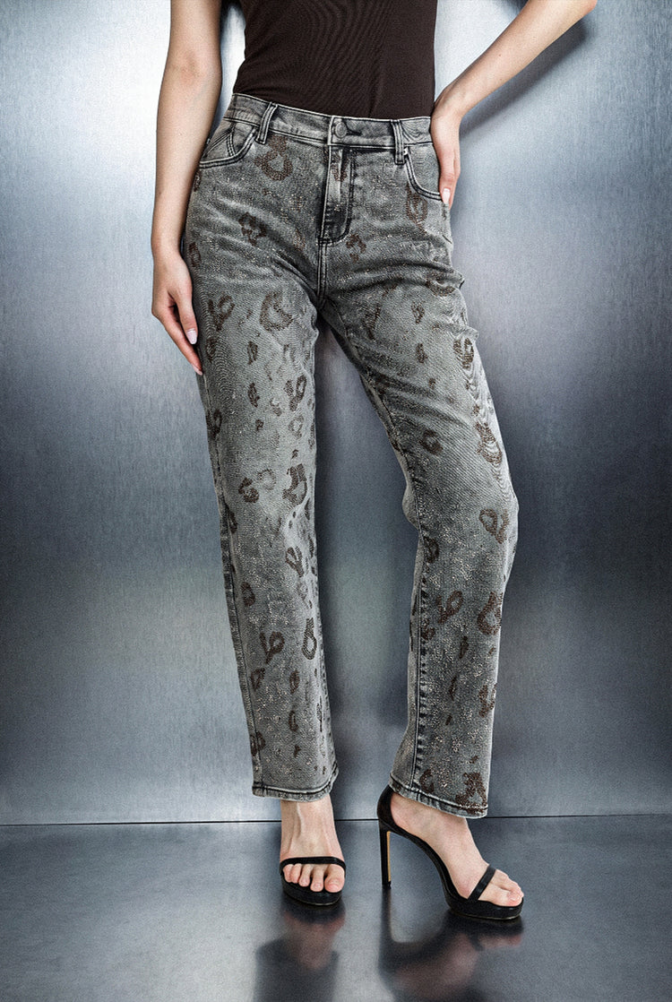 Front full view of Rock & Republic Kaia straight jeans in Grey Denim featuring allover rhinestone leopard pattern.